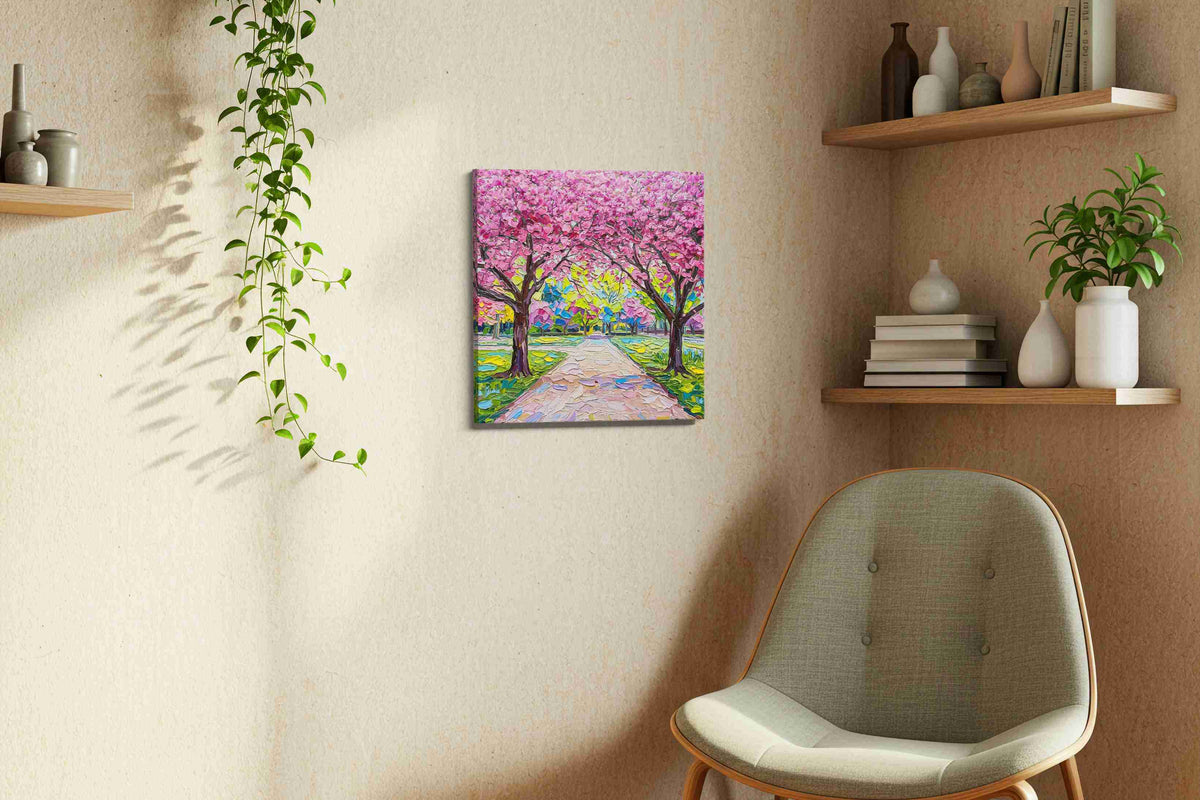 Blossom Canopy Reverie spring canvas print styled in a living room