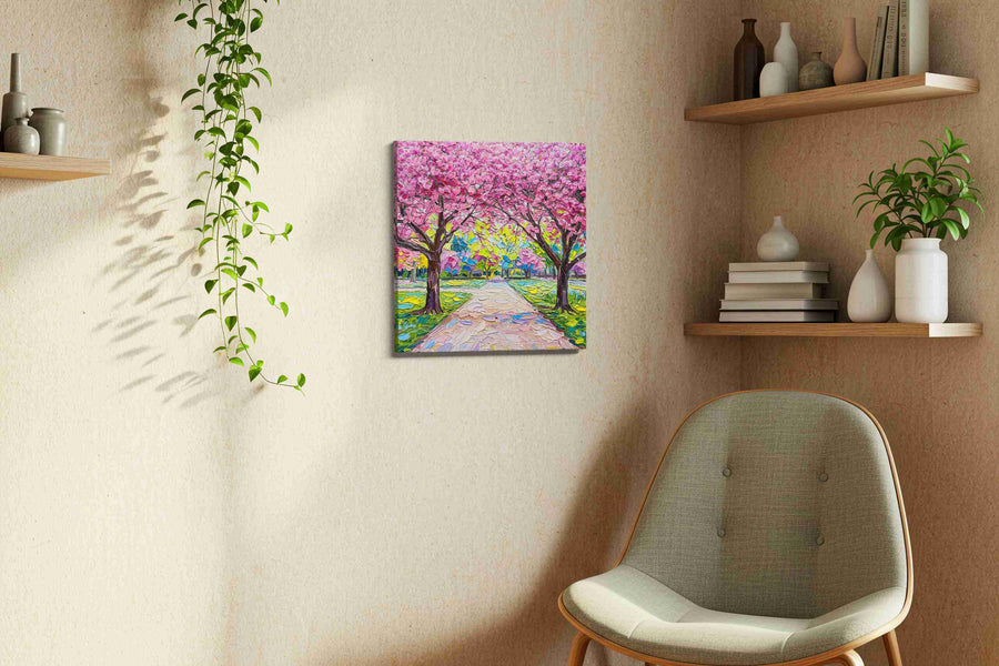 Blossom Canopy Reverie spring canvas print styled in a living room