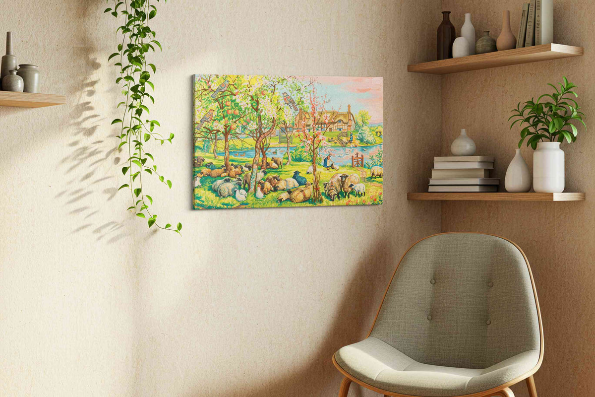 Blossom Pastures at Dawn spring canvas print, displayed in a living room