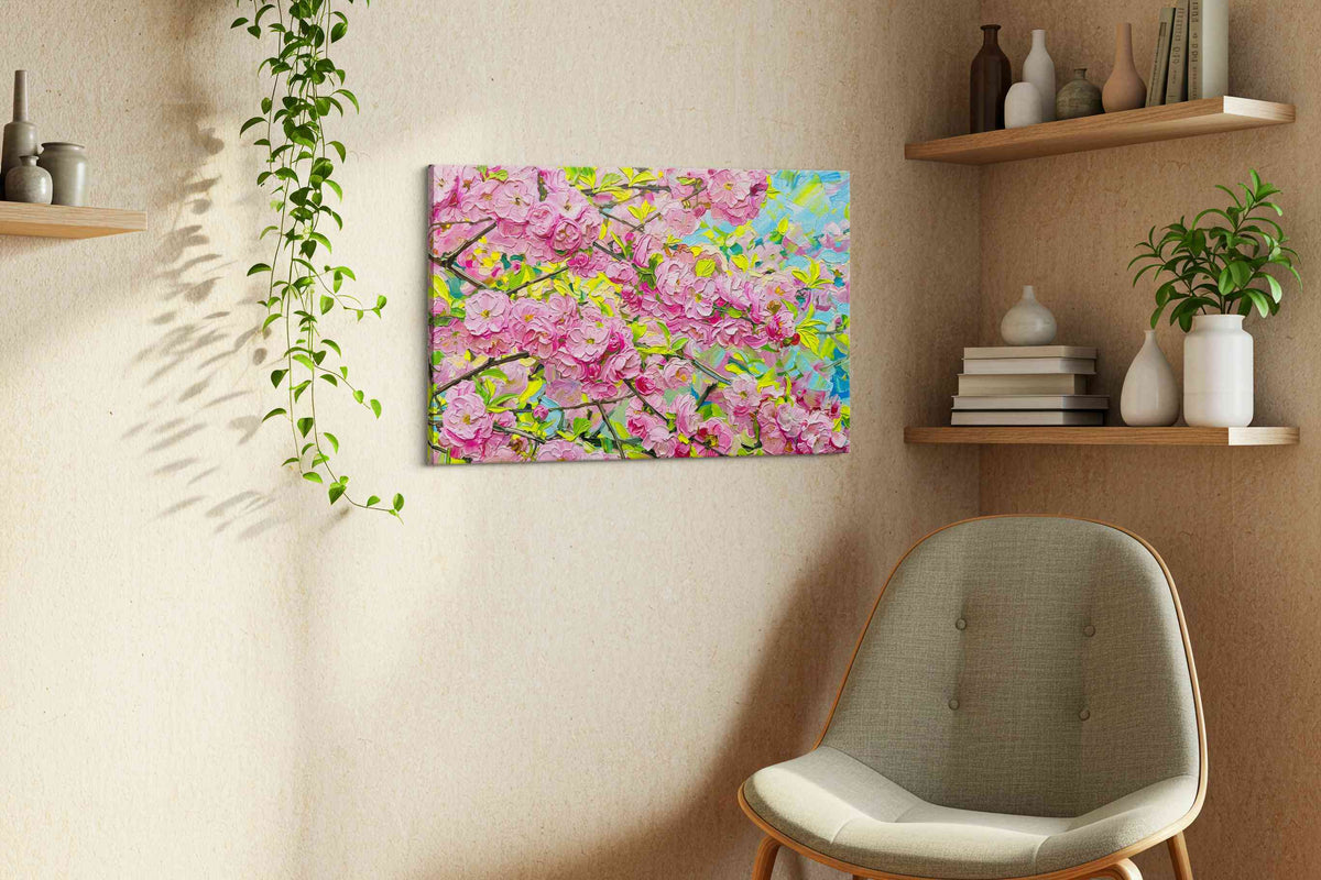 Blossoms Beneath Blue Wind spring canvas print, displayed in a living room