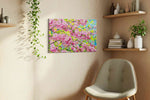 Blossoms Beneath Blue Wind spring canvas print, displayed in a living room
