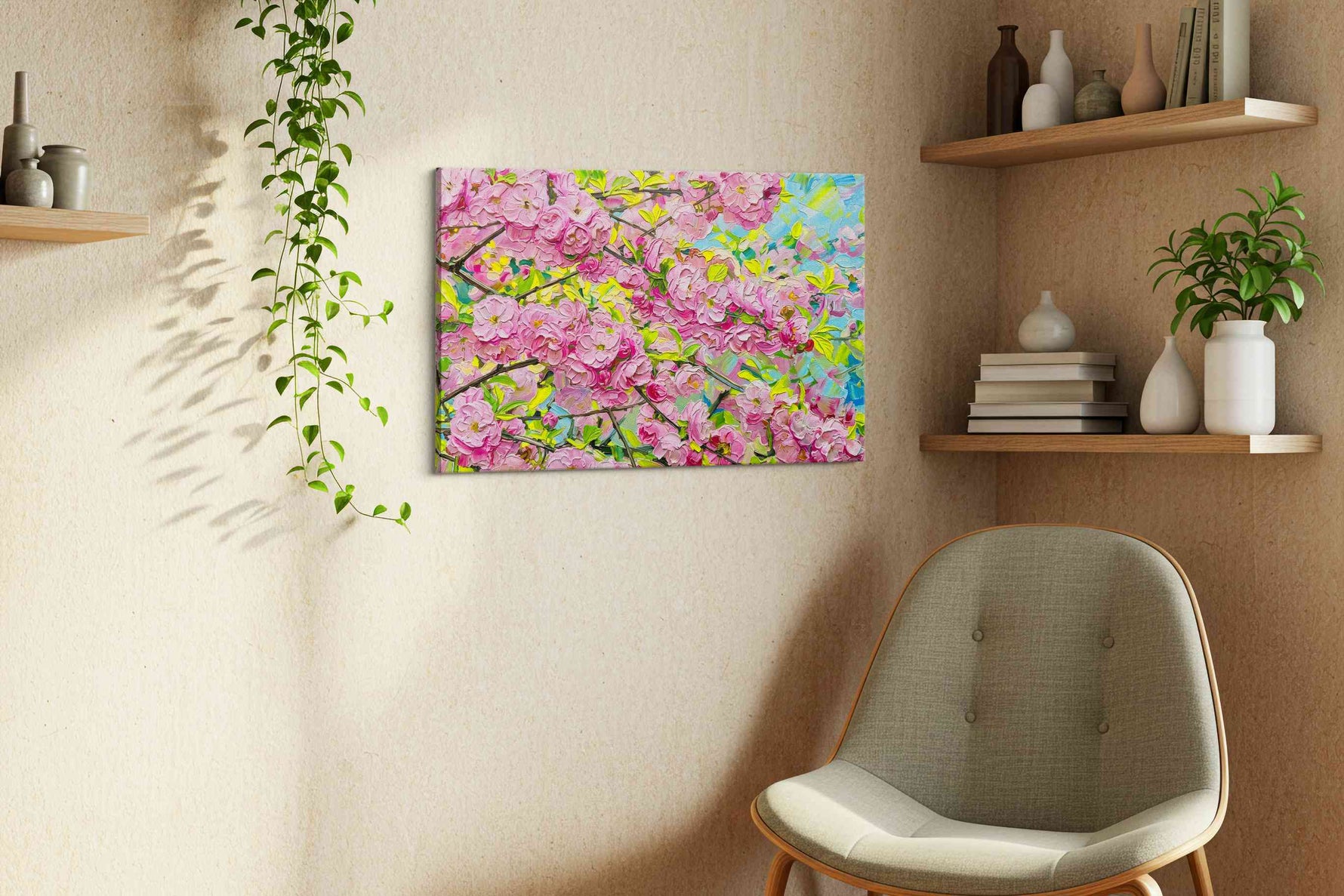 Blossoms Beneath Blue Wind spring canvas print, displayed in a living room