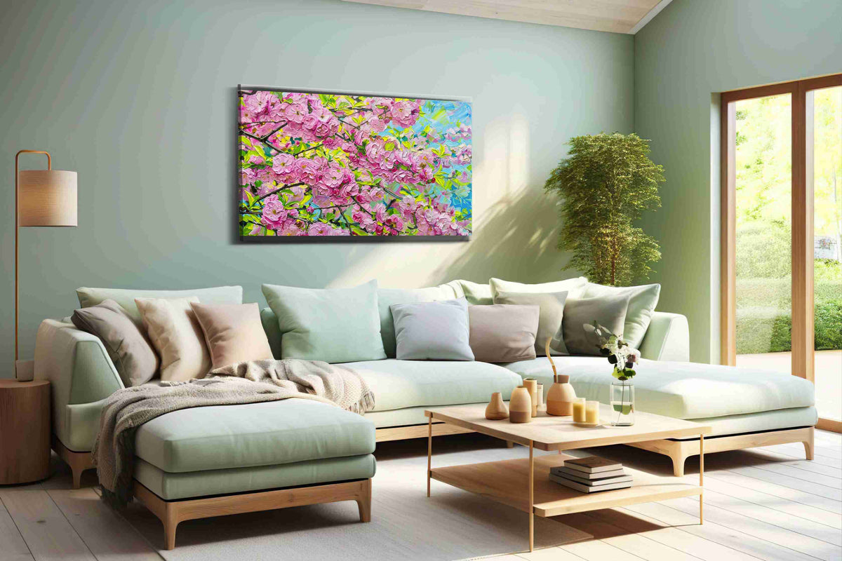 Blossoms Beneath Blue Wind spring canvas print shown in a wall scene