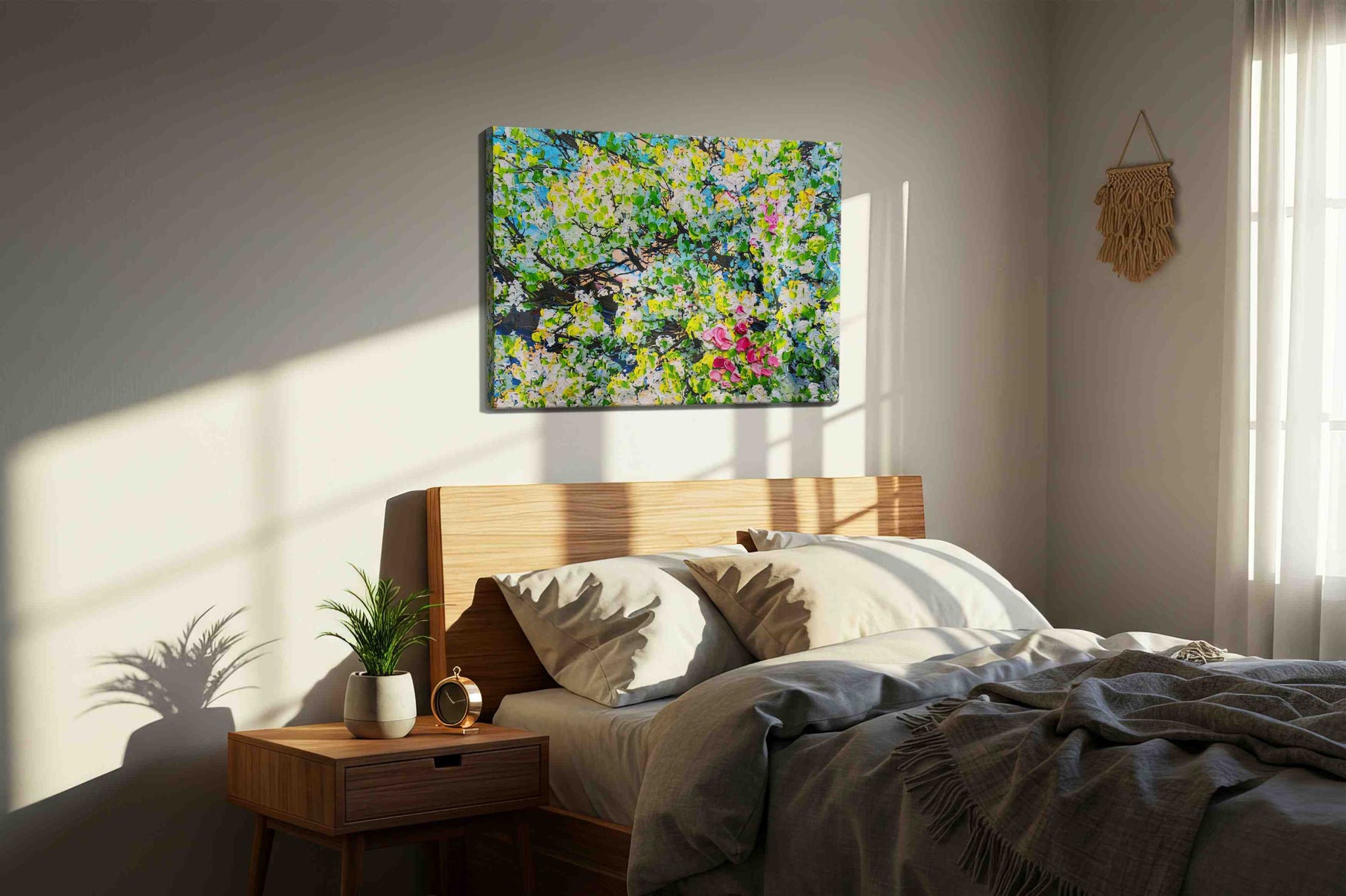 Blush in the Blossom Canopy spring canvas print, displayed in a bedroom