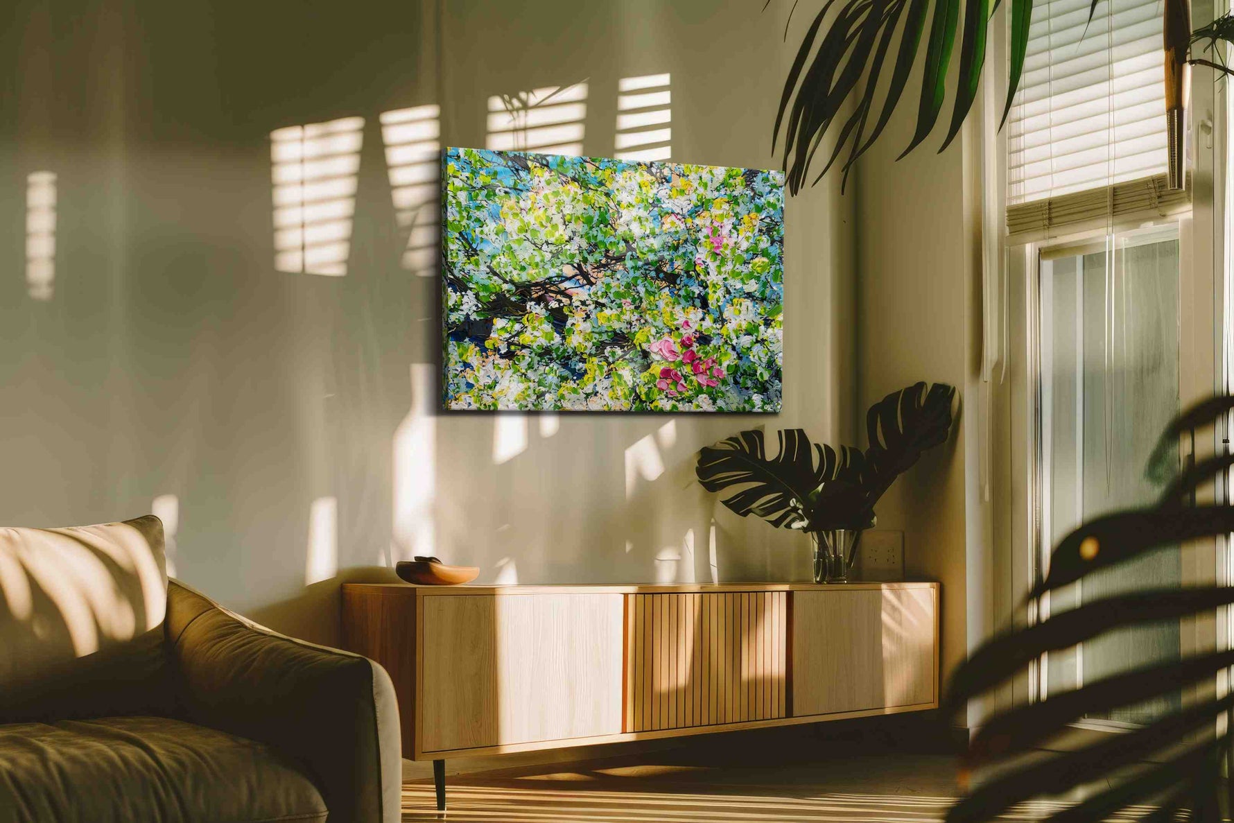 Blush in the Blossom Canopy spring canvas print in a hung canvas mockup
