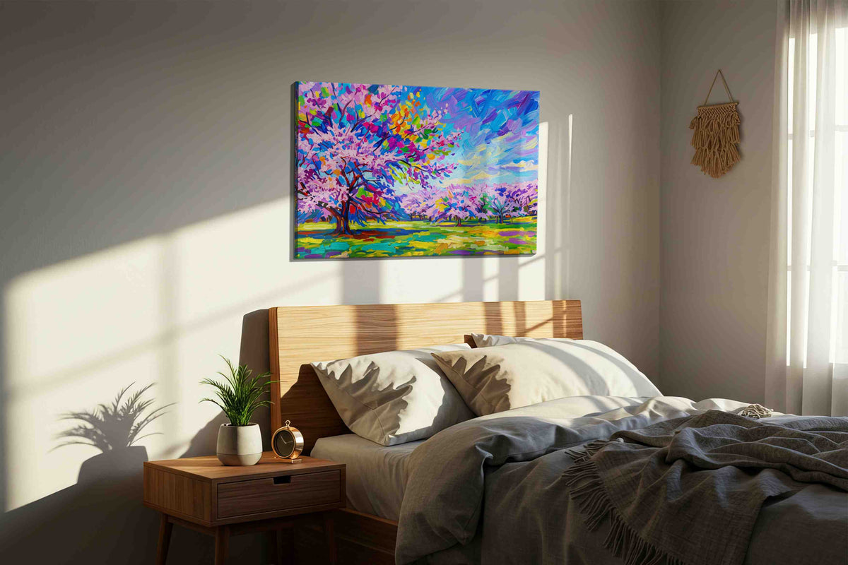 Orchard Beneath Cobalt Skies spring canvas print, displayed in a bedroom