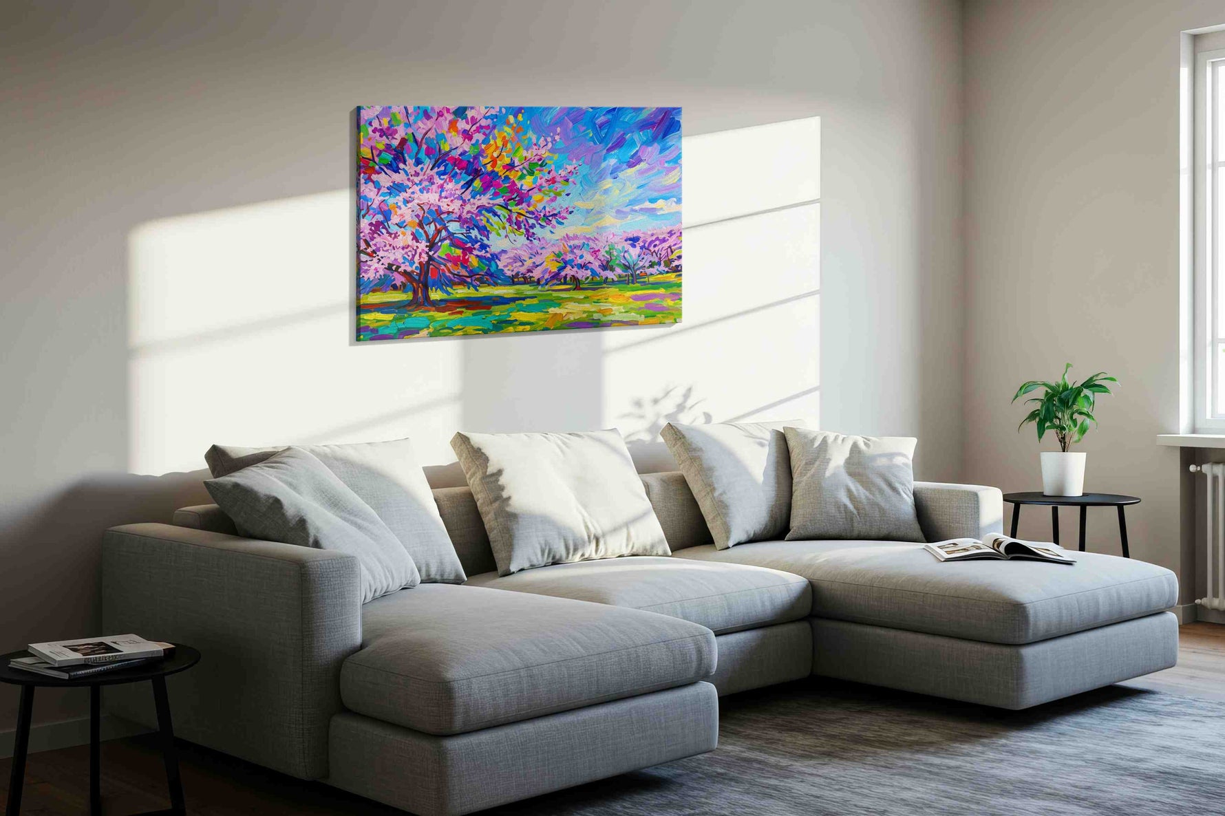 Orchard Beneath Cobalt Skies spring canvas print, displayed in a living room