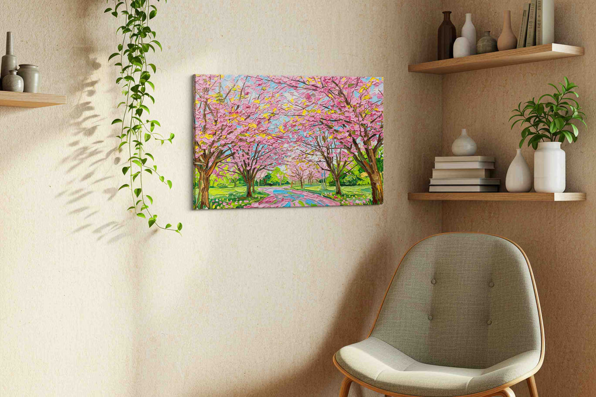 Petal Drift Promenade spring canvas print, displayed in a living room