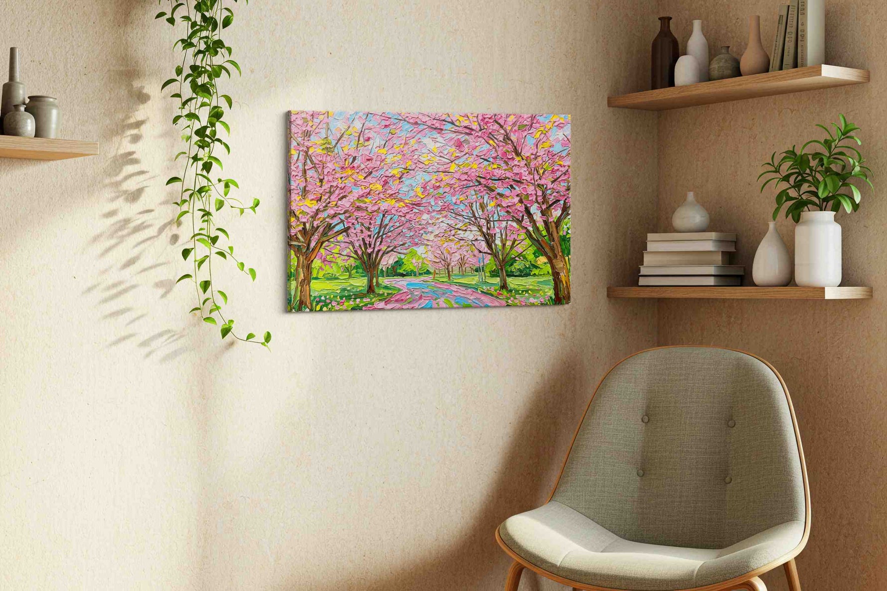 Petal Drift Promenade spring canvas print, displayed in a living room