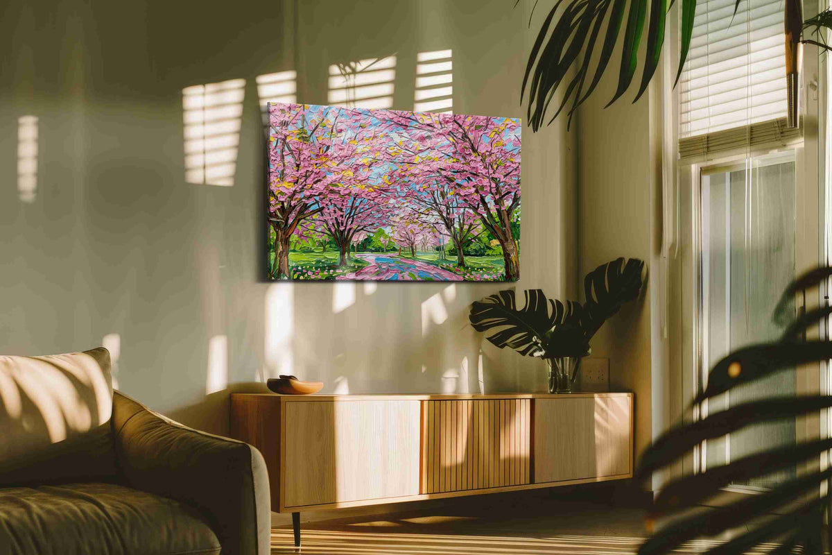 Petal Drift Promenade spring canvas print, on wall, lifestyle preview