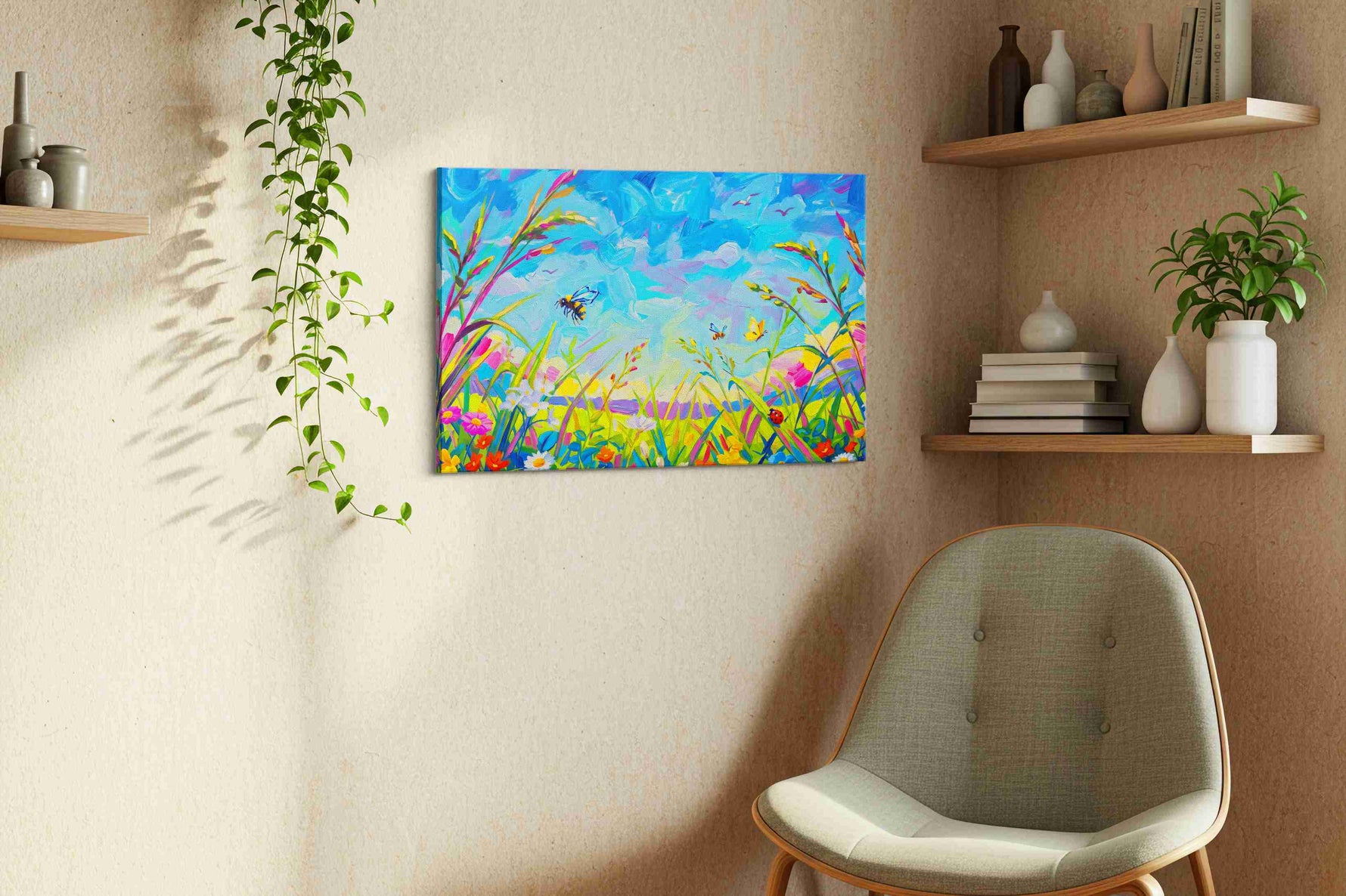 Skydance in Bloom spring canvas print, displayed in a living room