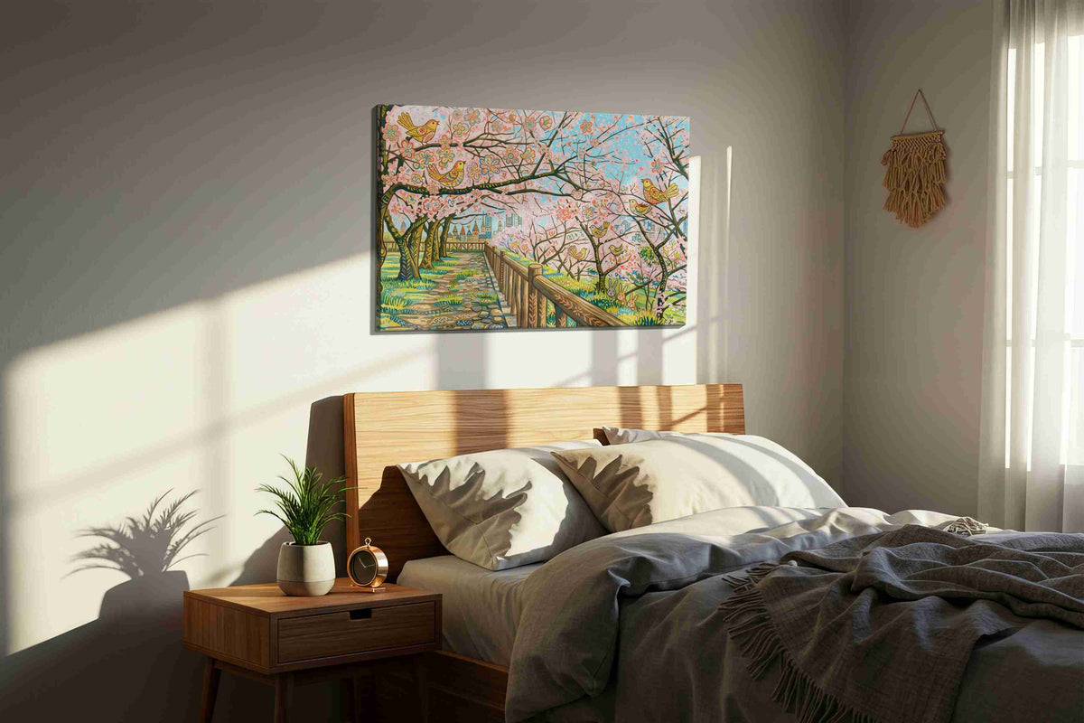 Songbirds in Blossom Drift spring canvas print, displayed in a bedroom