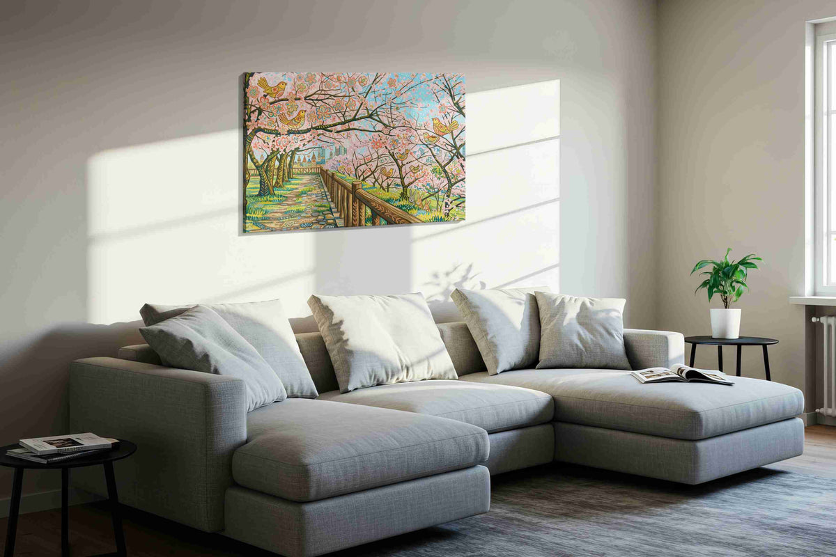Songbirds in Blossom Drift spring canvas print, displayed in a living room