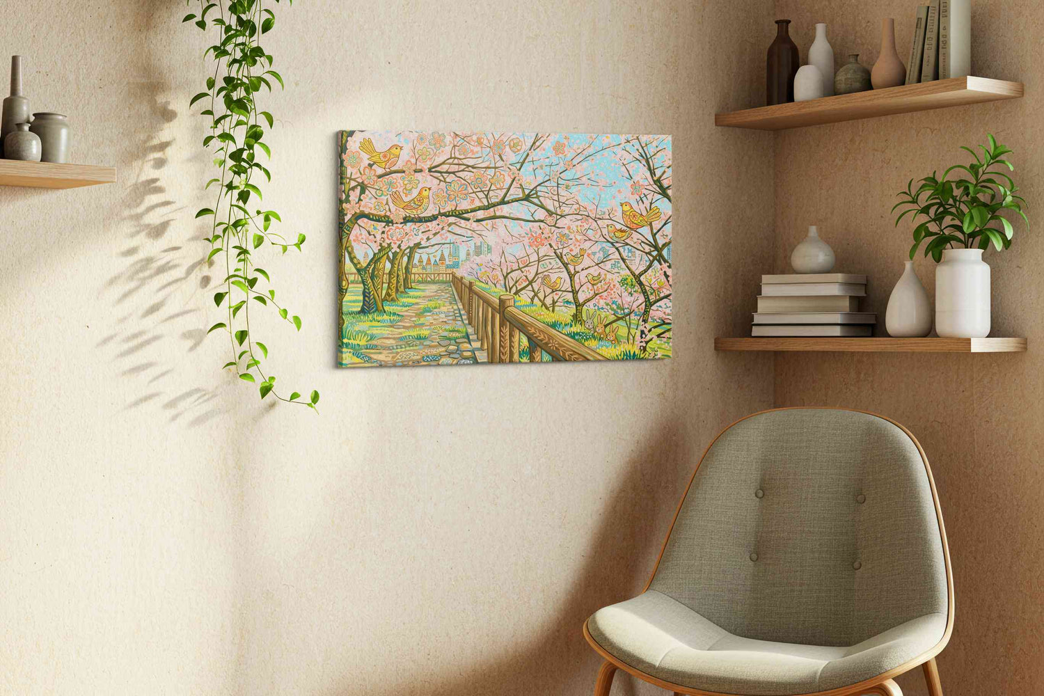 Songbirds in Blossom Drift - Spring Wall Art, Seasonal Canvas Print, Fresh Decor