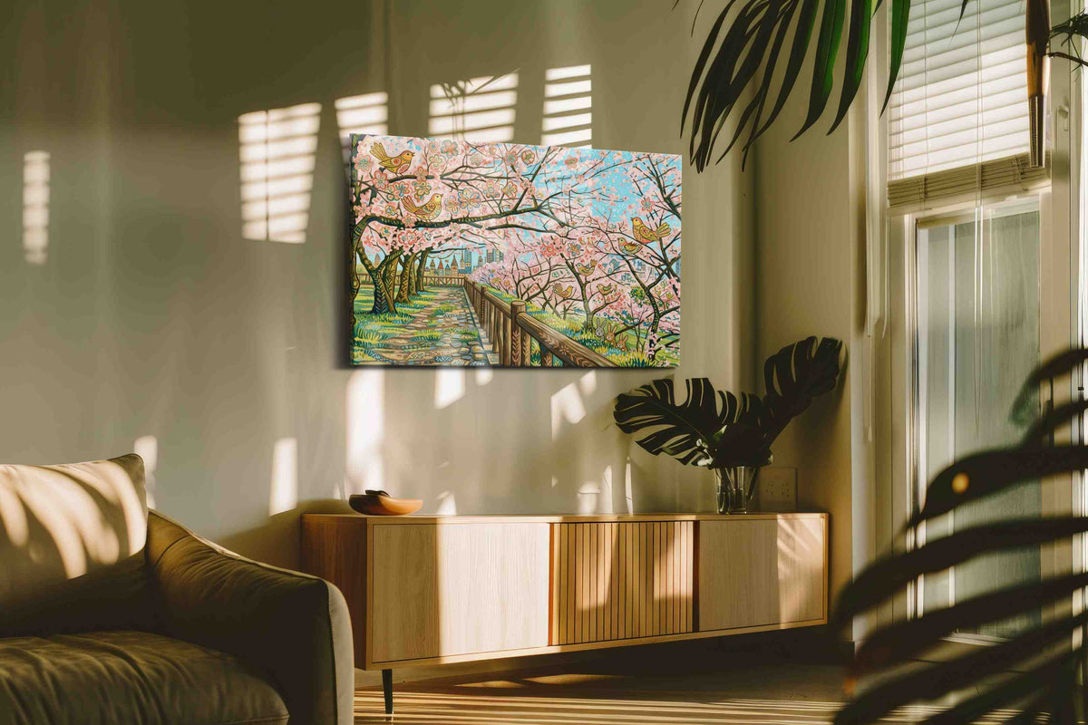 Songbirds in Blossom Drift spring canvas print, hanging on wall
