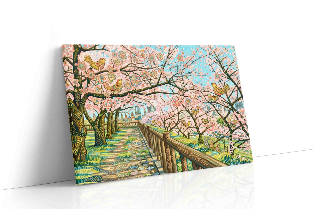 Songbirds in Blossom Drift spring canvas print, gallery-wrapped, ready to hang