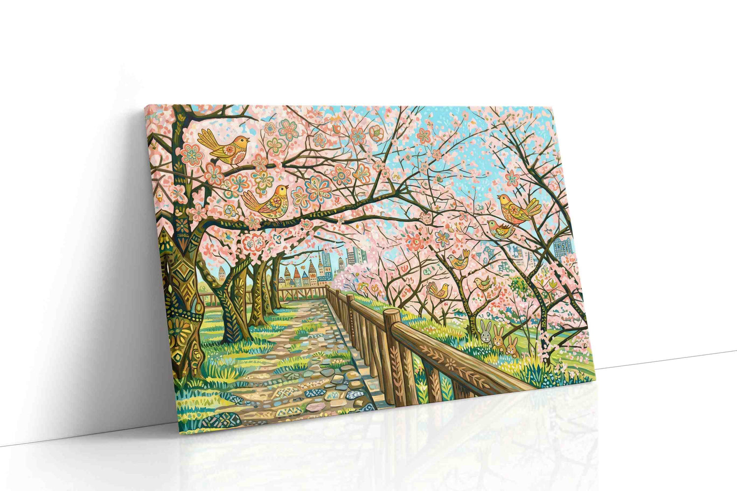 Songbirds in Blossom Drift spring canvas print, gallery-wrapped, ready to hang