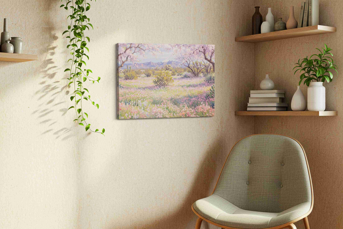 Sonoran Blossom Reverie spring canvas print styled in a living room