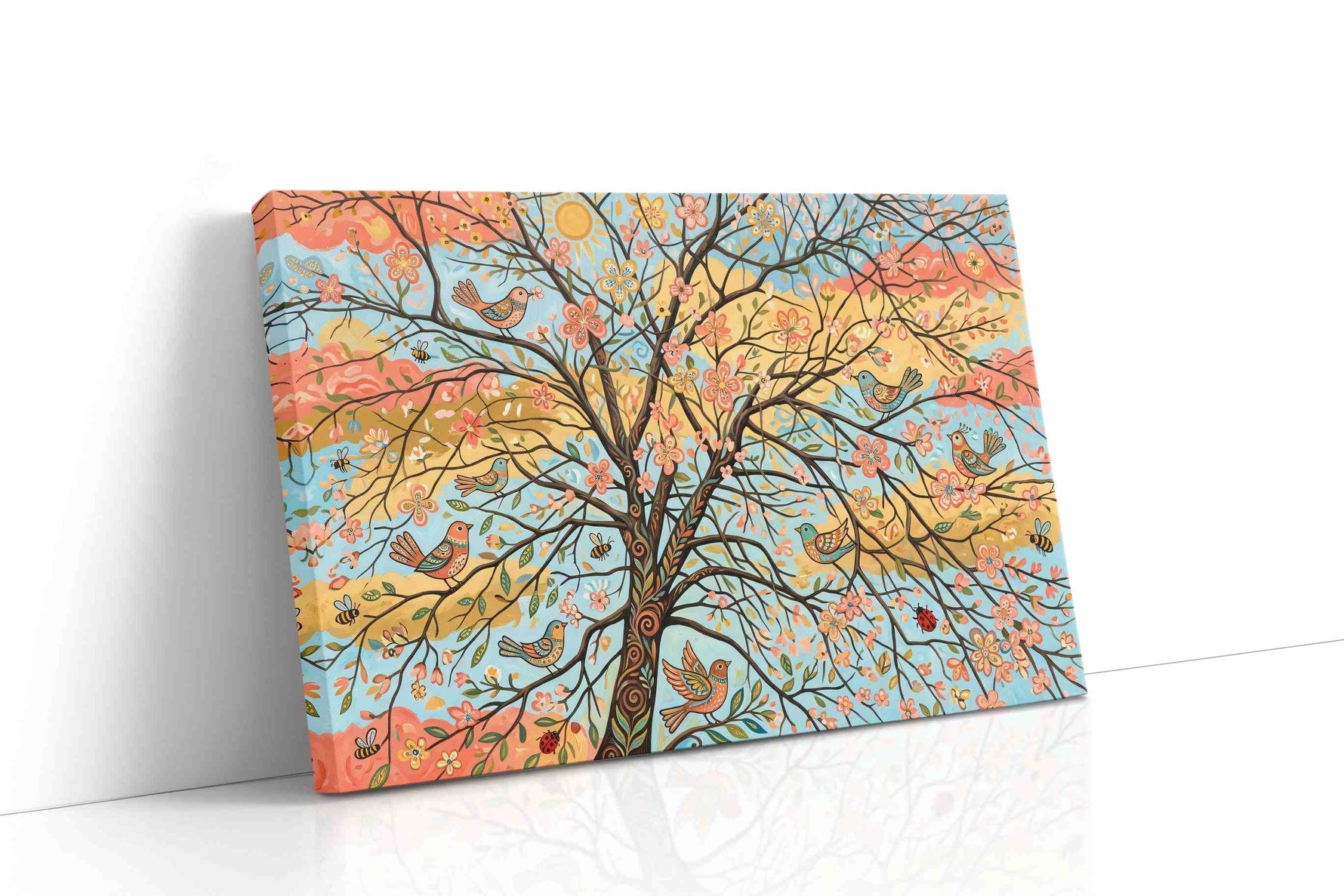 Sunlit Songbird Blossoms spring canvas print, gallery-wrapped, ready to hang