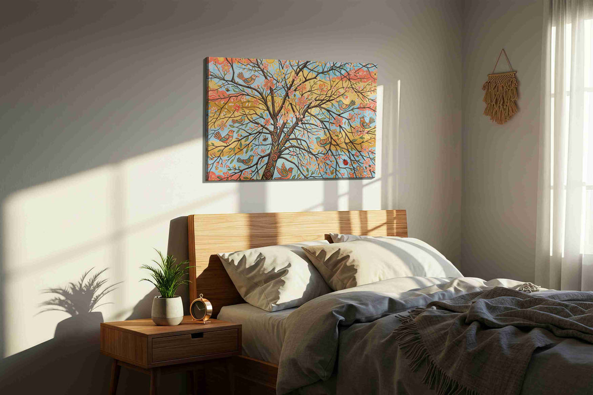Sunlit Songbird Blossoms spring canvas print, displayed in a bedroom