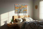Sunlit Songbird Blossoms spring canvas print, displayed in a bedroom