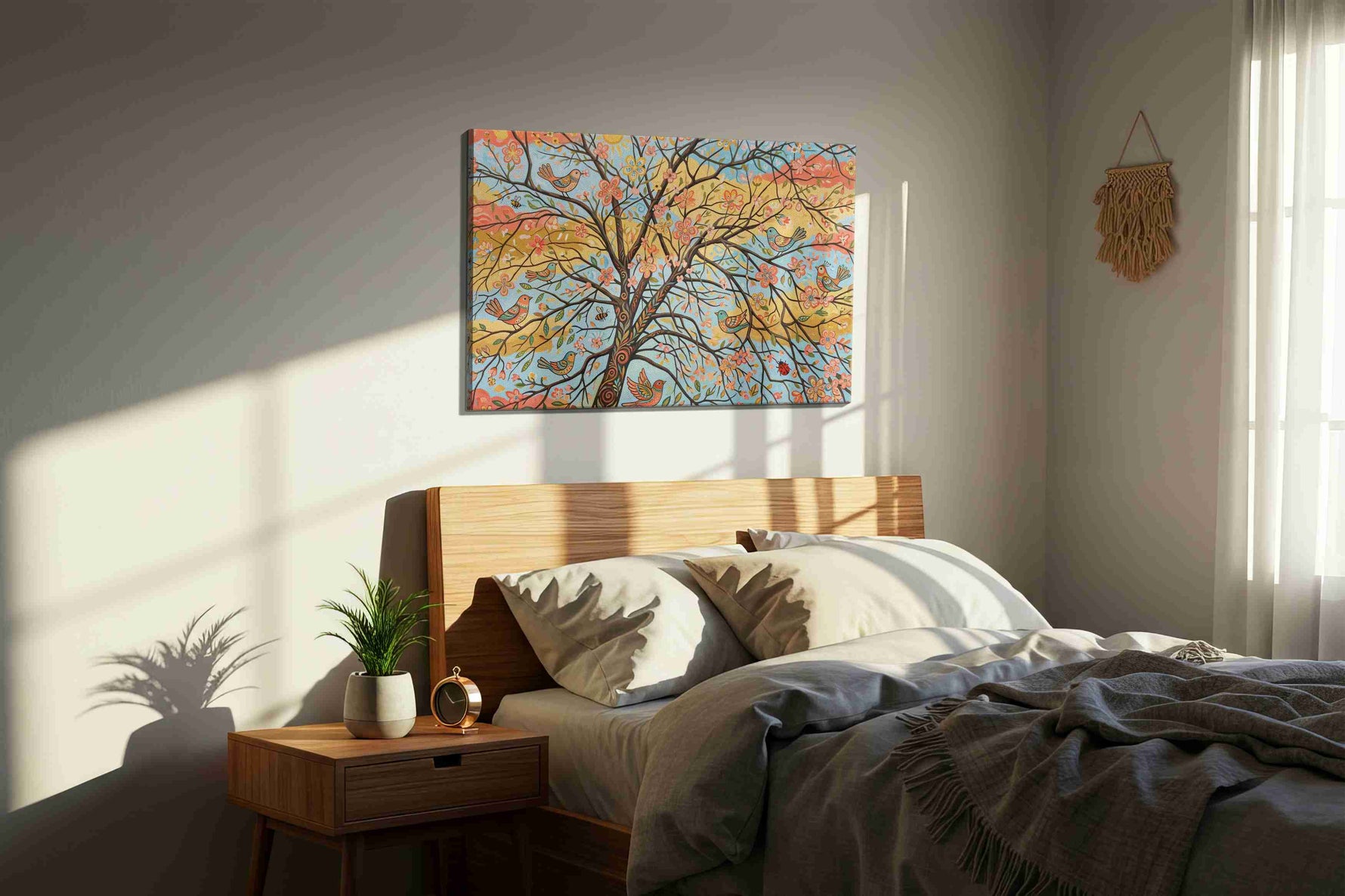 Sunlit Songbird Blossoms spring canvas print, displayed in a bedroom
