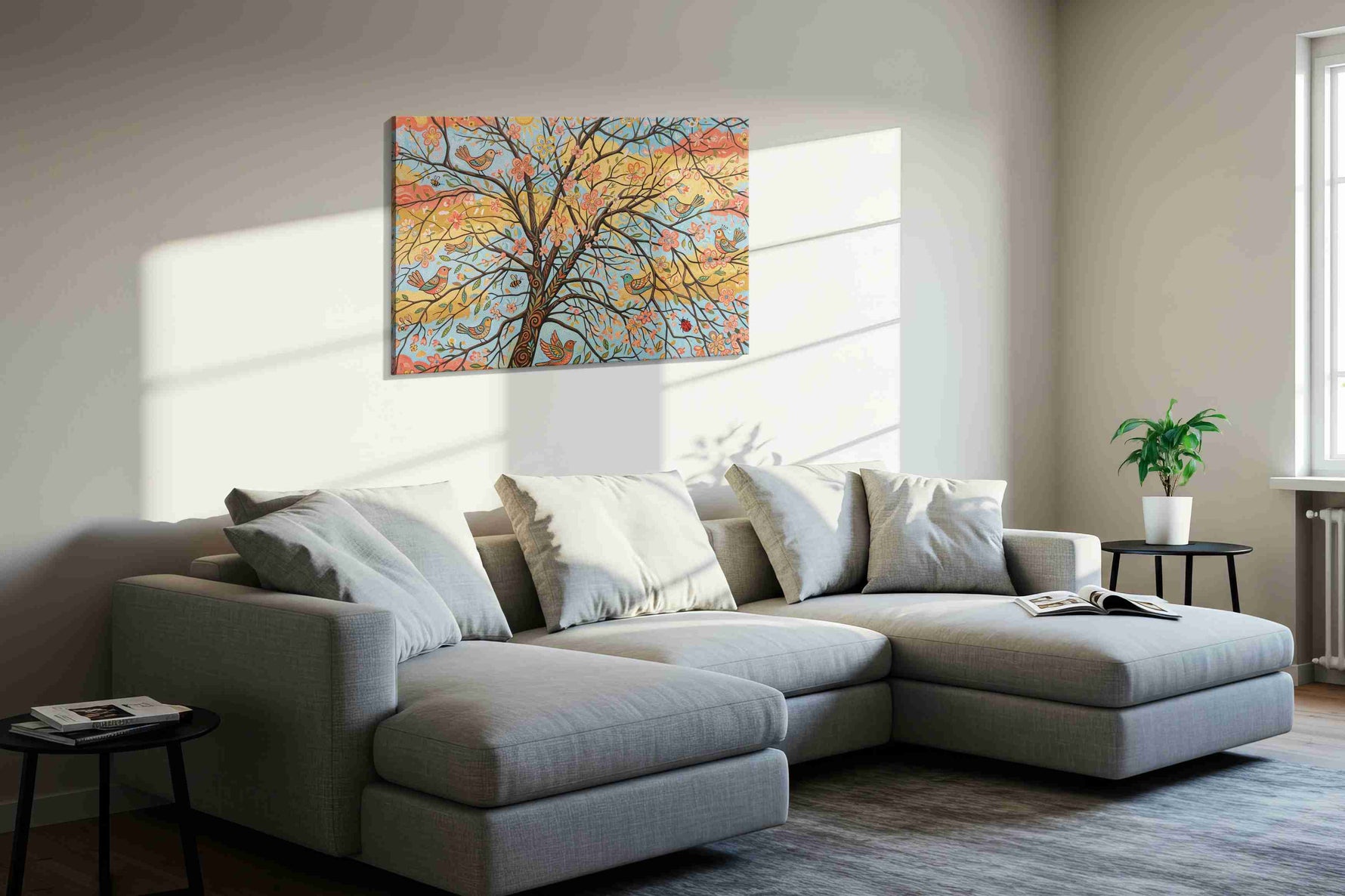 Sunlit Songbird Blossoms spring canvas print in a living room scene
