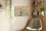 Sunlit Songbird Blossoms spring canvas print, displayed in a living room