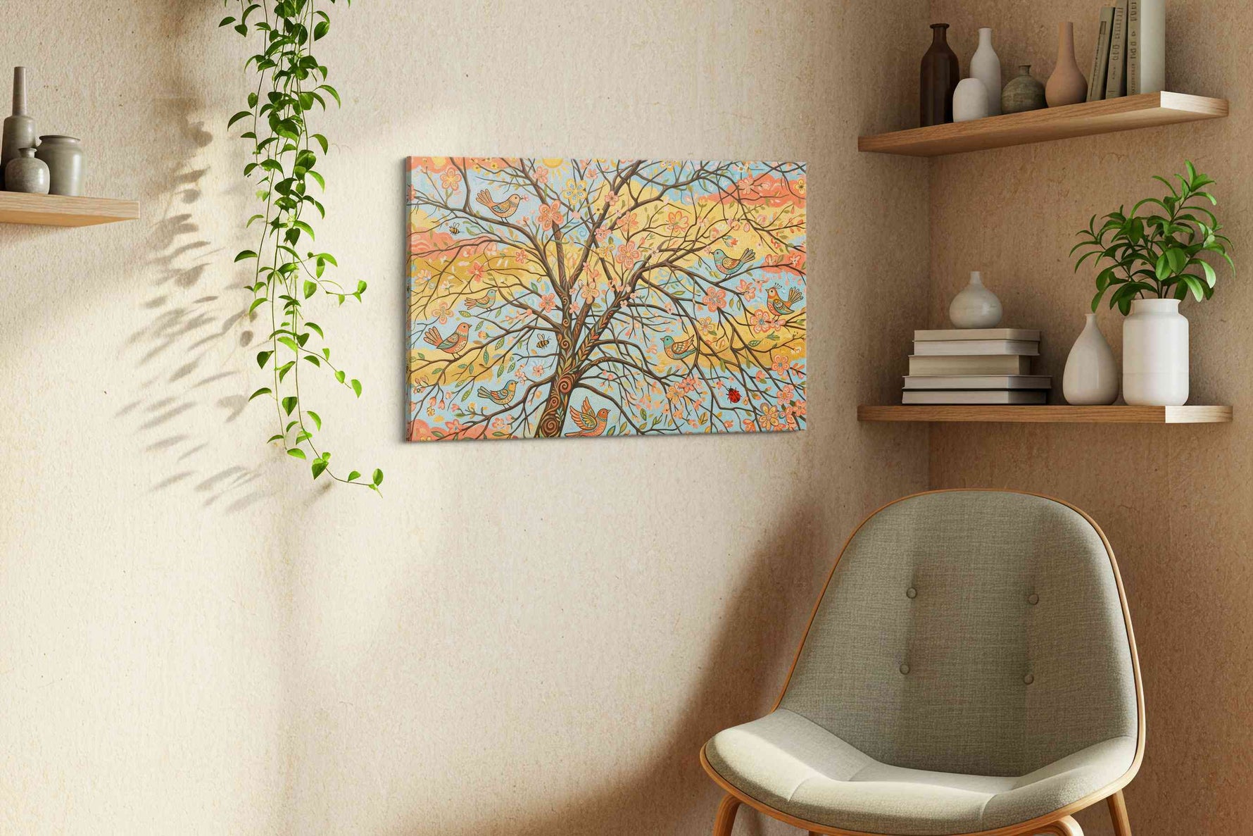 Sunlit Songbird Blossoms spring canvas print, displayed in a living room