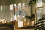 Sunlit Songbird Blossoms spring canvas print in a hung canvas mockup