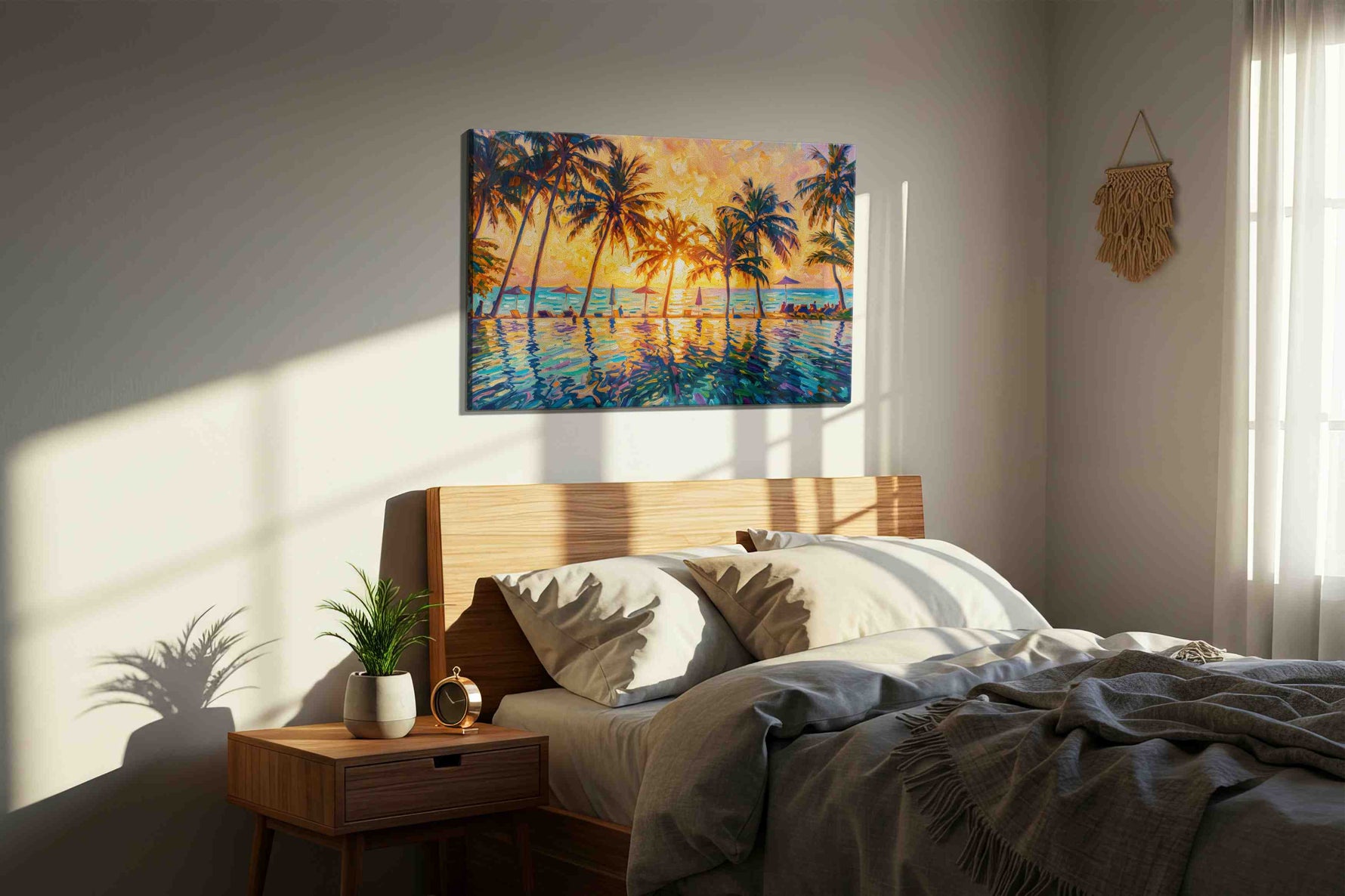 Ember Tide Palms III summer canvas print, displayed in a bedroom