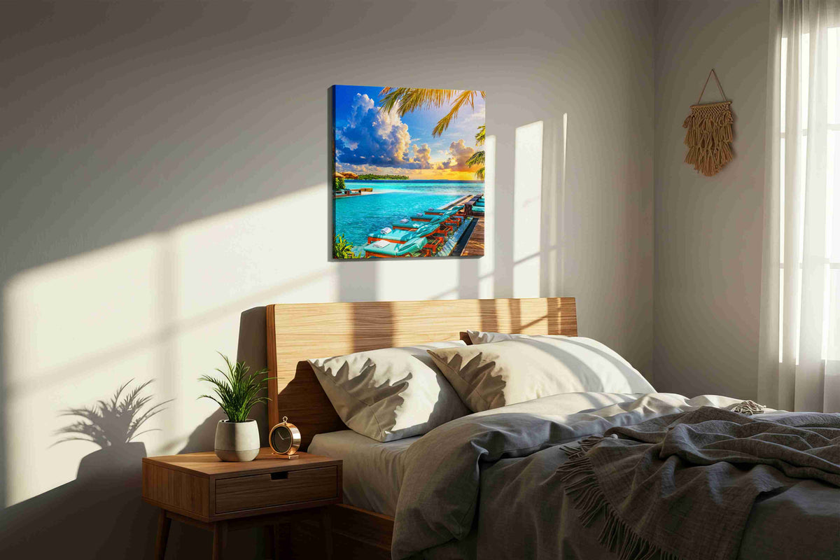 Turquoise Reverie at Sundown summer canvas print, displayed in a bedroom