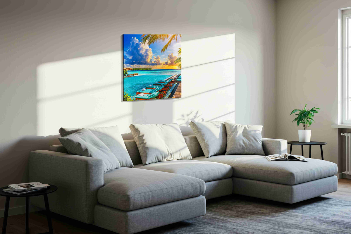 Turquoise Reverie at Sundown summer canvas print, displayed in a living room