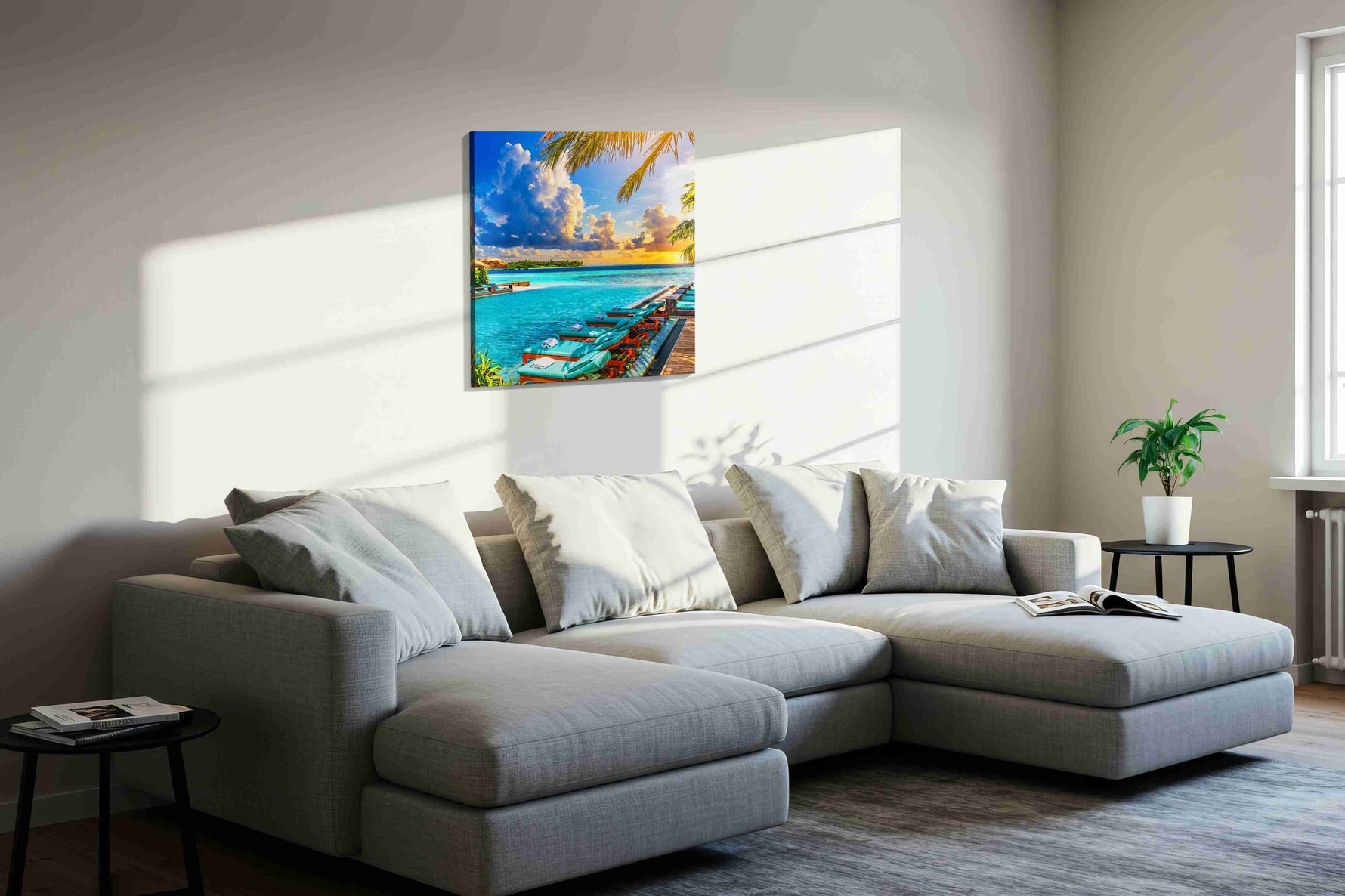 Turquoise Reverie at Sundown summer canvas print, displayed in a living room