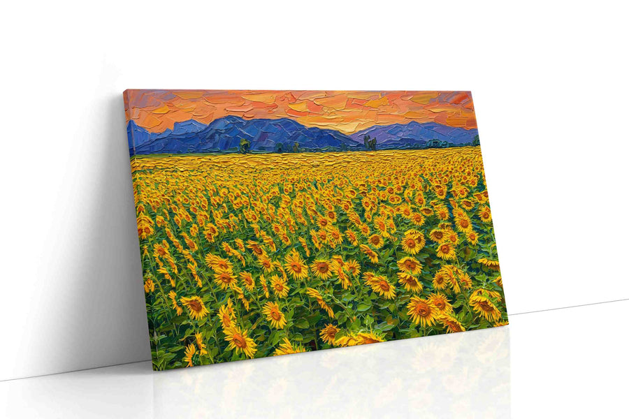Amber Sky, Sapphire Peaks sunflowers canvas print gallery-wrapped landscape canvas studio shot