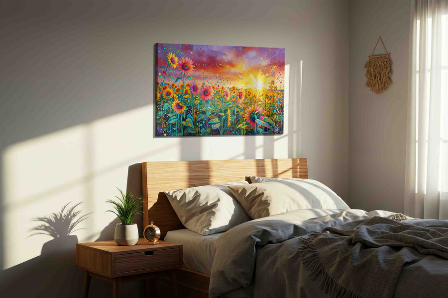 Solar Bloom Rhapsody sunflowers canvas print, displayed in a bedroom