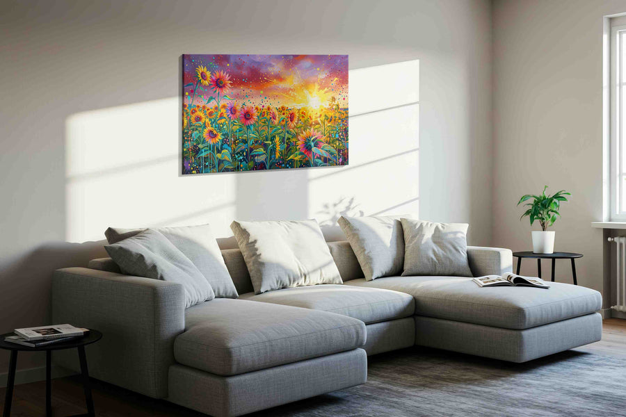 Solar Bloom Rhapsody sunflowers canvas print in a living room scene