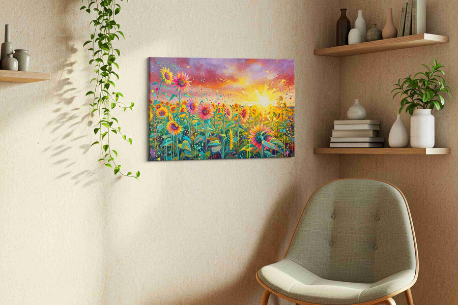 Solar Bloom Rhapsody sunflowers canvas print, displayed in a living room