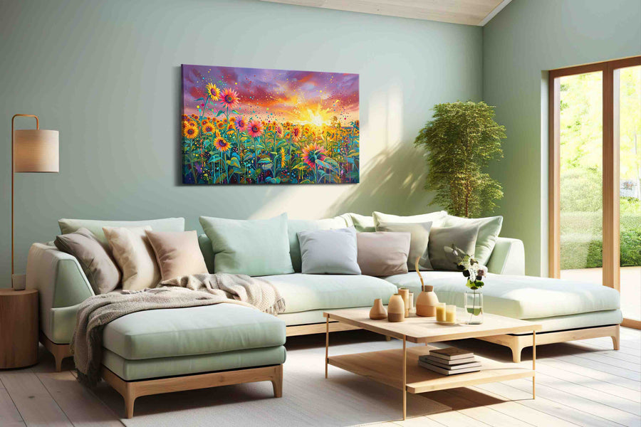 Solar Bloom Rhapsody sunflowers canvas print, hanging on wall