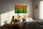 Stained Sky Sunflower Reverie sunflowers canvas print, displayed in a bedroom