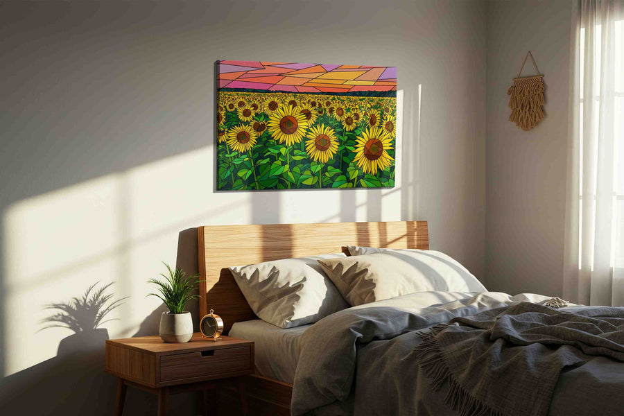 Stained Sky Sunflower Reverie sunflowers canvas print, displayed in a bedroom