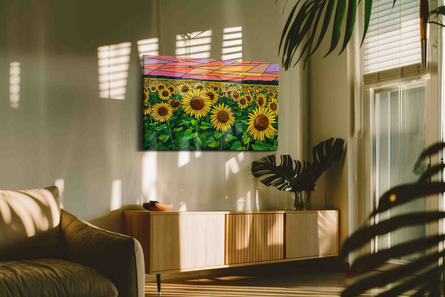 Stained Sky Sunflower Reverie sunflowers canvas print in a hung canvas mockup