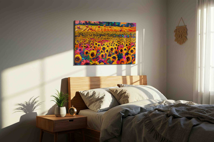 Sunfire Harvest Bloom sunflowers canvas print, displayed in a bedroom
