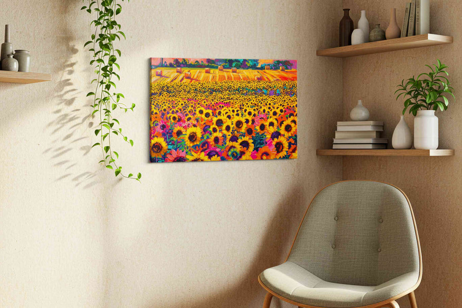 Sunfire Harvest Bloom sunflowers canvas print, displayed in a living room