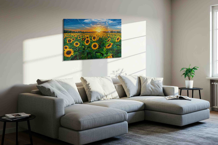 Sunfire Over Golden Bloom sunflowers canvas print, displayed in a living room