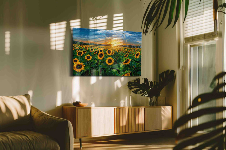 Sunfire Over Golden Bloom sunflowers canvas print, on wall, lifestyle preview