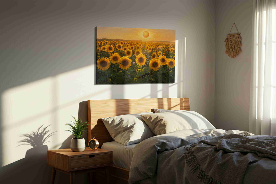 Sunlit Sea of Helianthus sunflowers canvas print, displayed in a bedroom