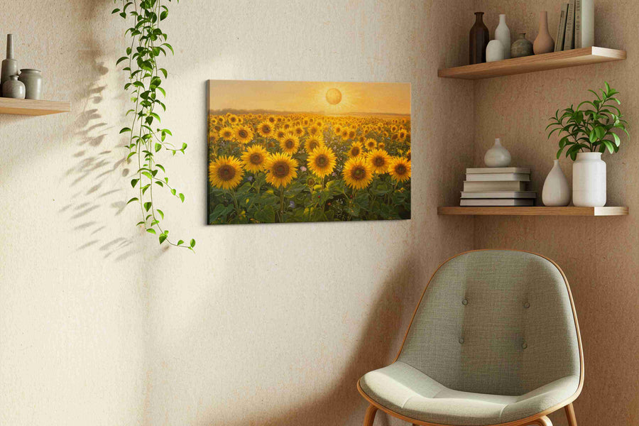 Sunlit Sea of Helianthus sunflowers canvas print styled in a living room