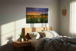 Sunlit Tempest Bloom sunflowers canvas print, displayed in a bedroom