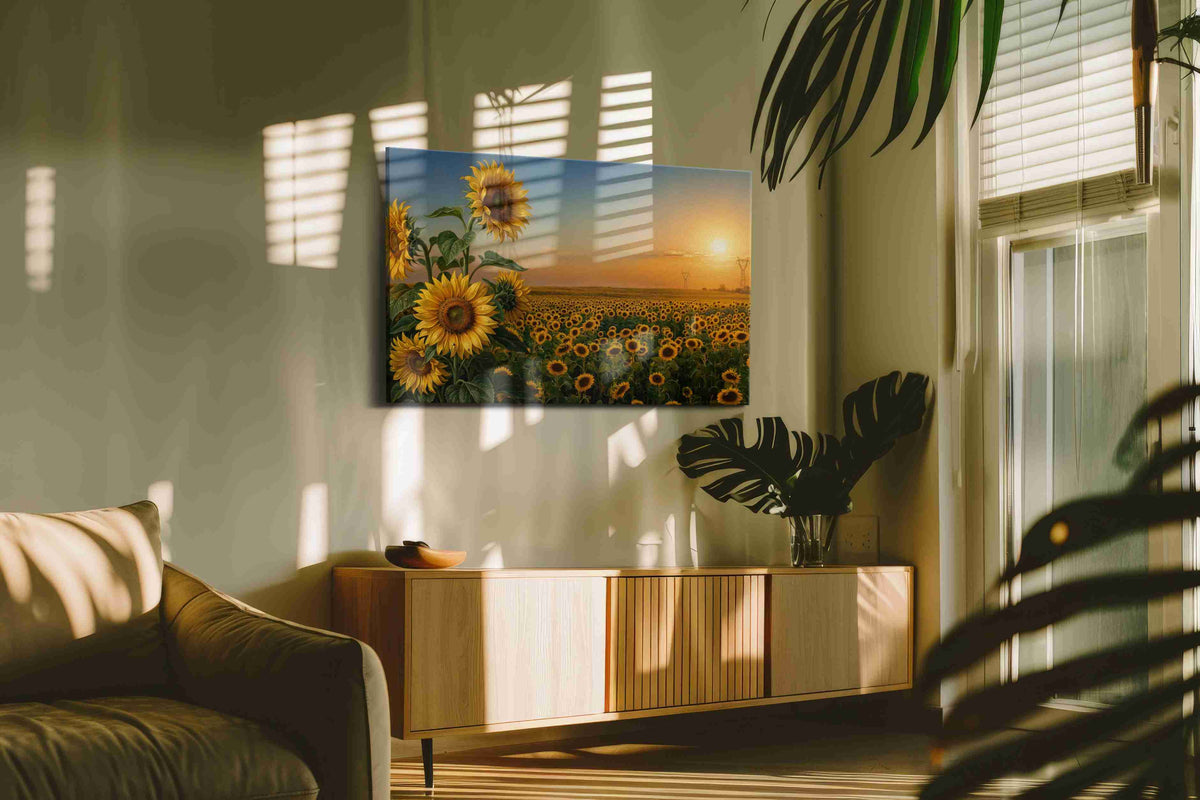 Where Sunflowers Keep the Light sunflowers canvas print, displayed in a living room